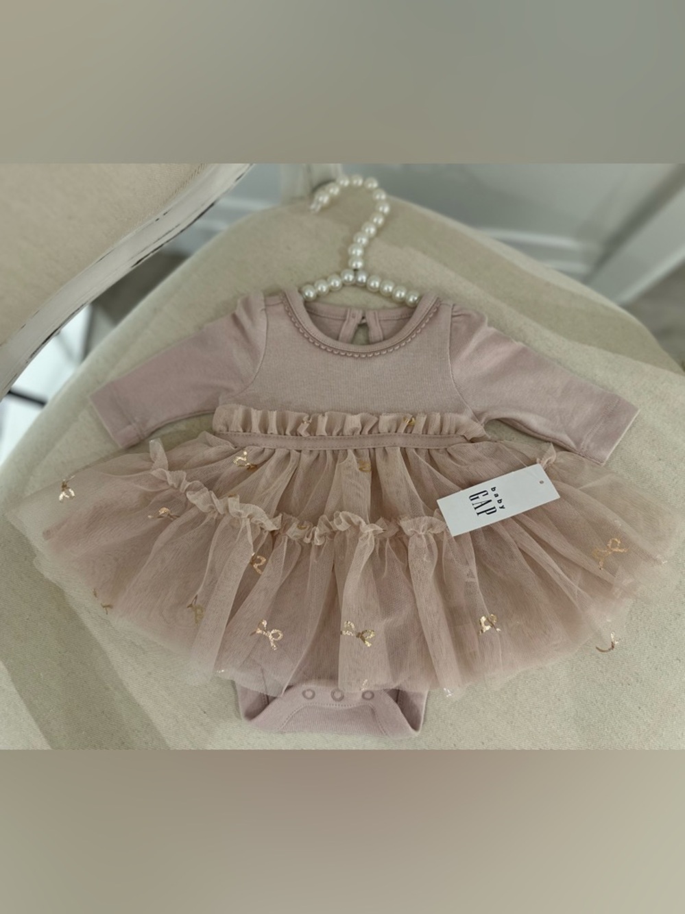 🤍 Preemie Gap Baby or Doll Tulle Bodysuit Dress with Rose Gold Bow Accents NWT